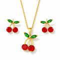 Set Collar y Aretes Mujer Cereza Oro Rosa Regalo Elegante