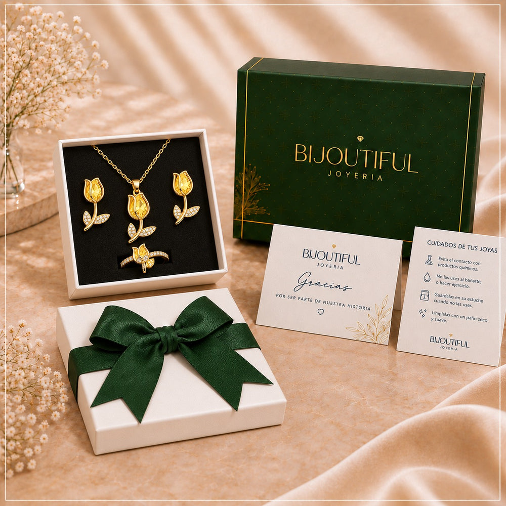 Set Collar Aretes Pulsera y Anillo Tulipán Mujer Acero Inoxidable Baño de Oro Piedras Amarillas