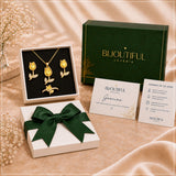 Set Collar Aretes Pulsera y Anillo Tulipán Mujer Acero Inoxidable Baño de Oro Piedras Amarillas