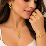 Set Collar Aretes Pulsera y Anillo Tulipán Mujer Acero Inoxidable Baño de Oro Piedras Amarillas