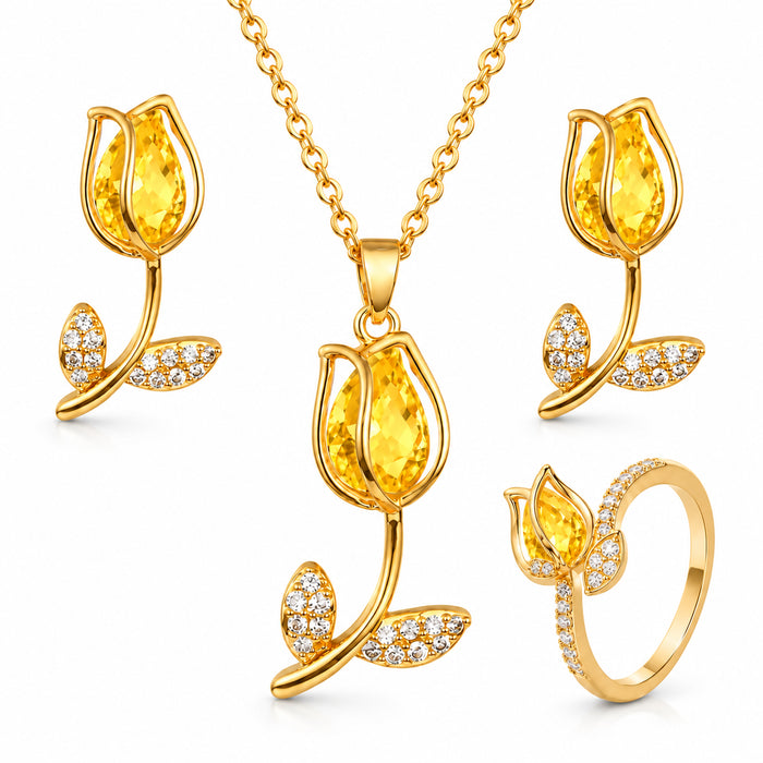 Set Collar Aretes Pulsera y Anillo Tulipán Mujer Acero Inoxidable Baño de Oro Piedras Amarillas