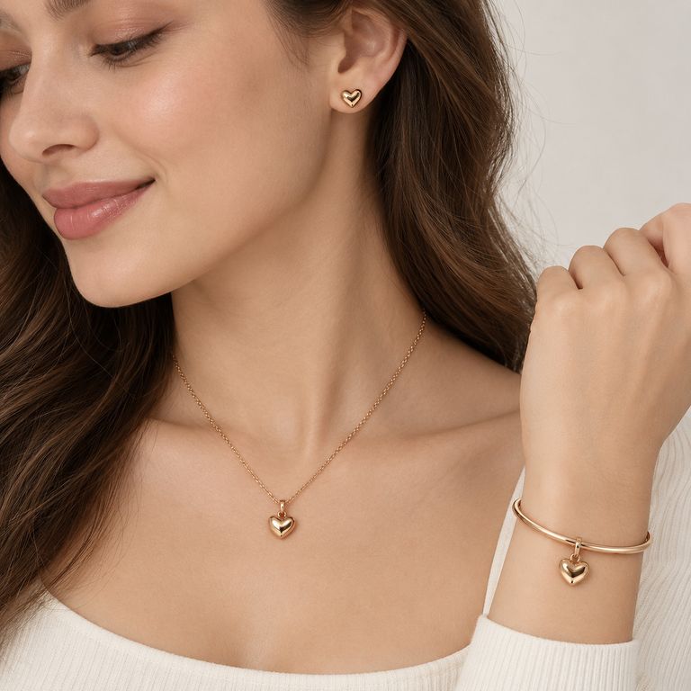 Set Collar Aretes y Pulsera Corazón Mujer Oro Rosa Elegante Regalo
