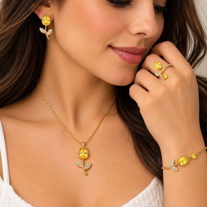 Set Collar Aretes Pulsera y Anillo Tulipán Mujer Acero Inoxidable Baño de Oro