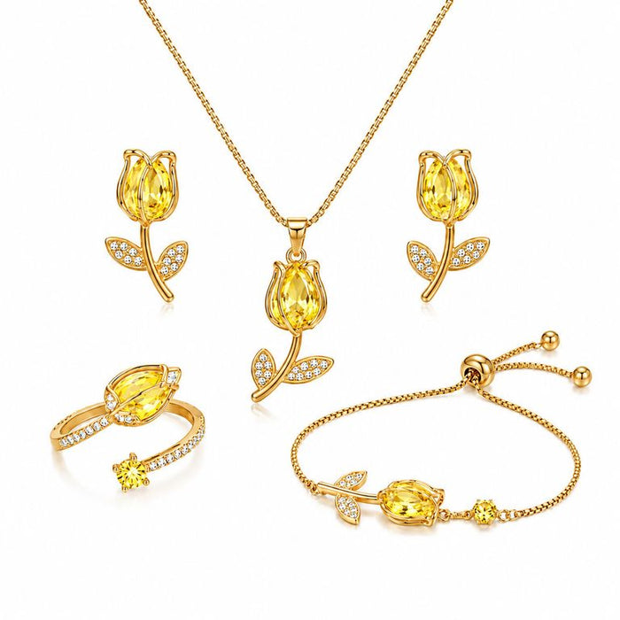 Set Collar Aretes Pulsera y Anillo Tulipán Mujer Acero Inoxidable Baño de Oro