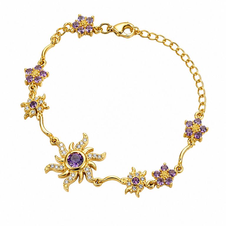 Pulsera Sol y Flores Mujer Dorada con Cristales Morados Elegante Ajustable Regalo