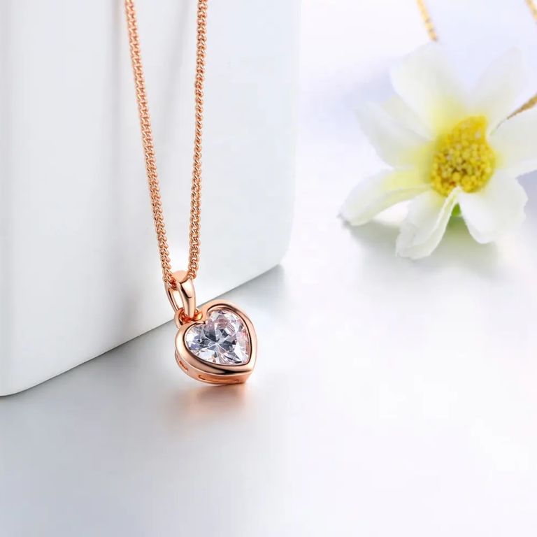 Collar Corazón Cristal Brillante Oro Rosa Mujer Acero Inoxidable