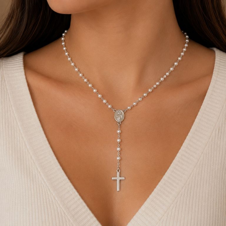 Rosario Mujer Acero Inoxidable Plateado con Perlas Blancas Virgen y Cruz