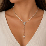Rosario Mujer Acero Inoxidable Plateado con Perlas Blancas Virgen y Cruz