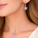 Set De Collar Y Aretes Mujer Corazón Con Piedra Rosa O Lavanda
