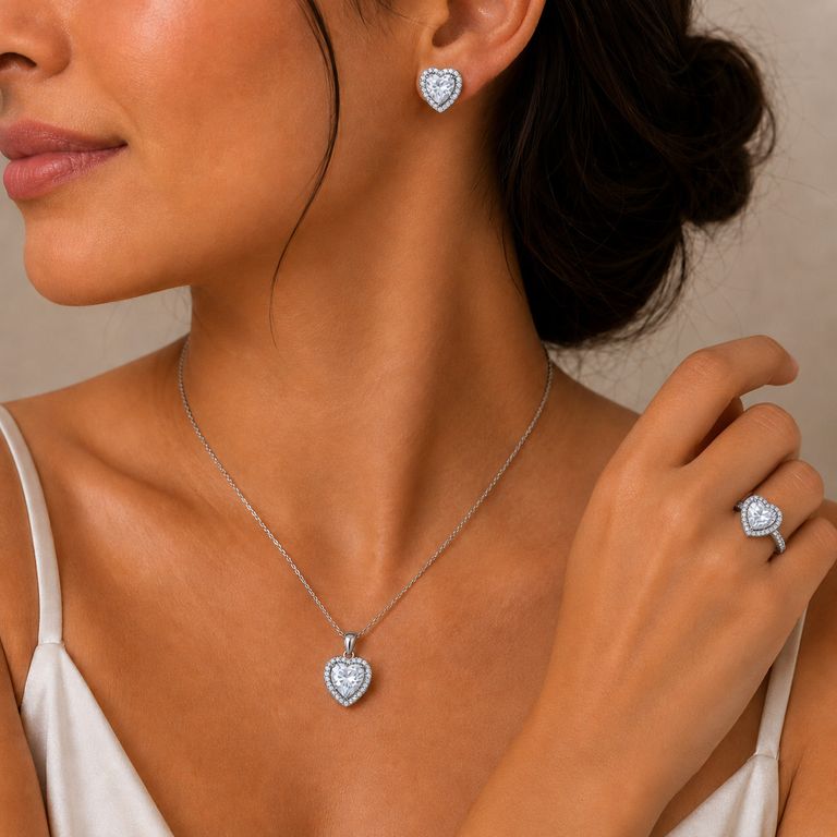 Set Collar Aretes y Anillo Corazón Mujer Plateado con Cristales Elegante Regalo