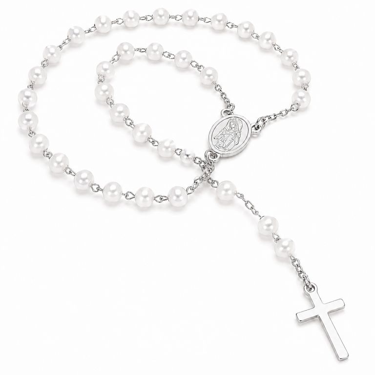 Rosario Mujer Acero Inoxidable Plateado con Perlas Blancas Virgen y Cruz