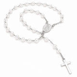 Rosario Mujer Acero Inoxidable Plateado con Perlas Blancas Virgen y Cruz