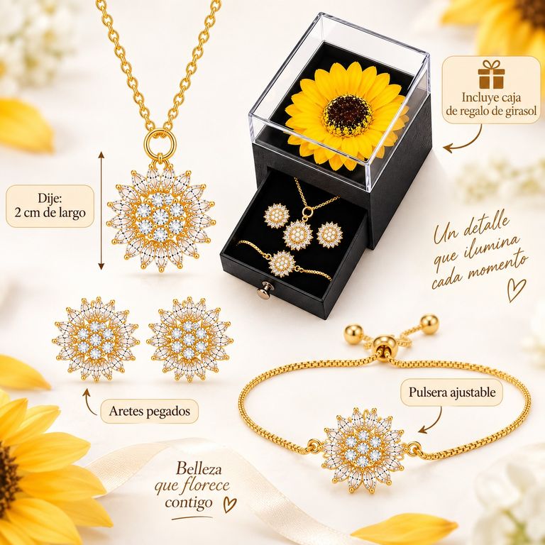 Set Collar Aretes y Pulsera Girasol Dorado Mujer Elegante Regalo