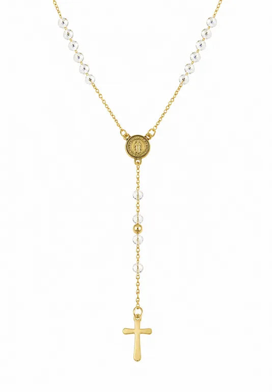 Rosario Collar Virgen Milagrosa con Cristales Transparentes Acero Inoxidable Dorado para Mujer Waterproof