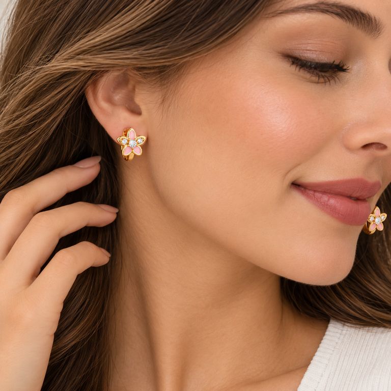 Aretes Flor Rosa Mujer Dorados con Brillos Elegantes Regalo