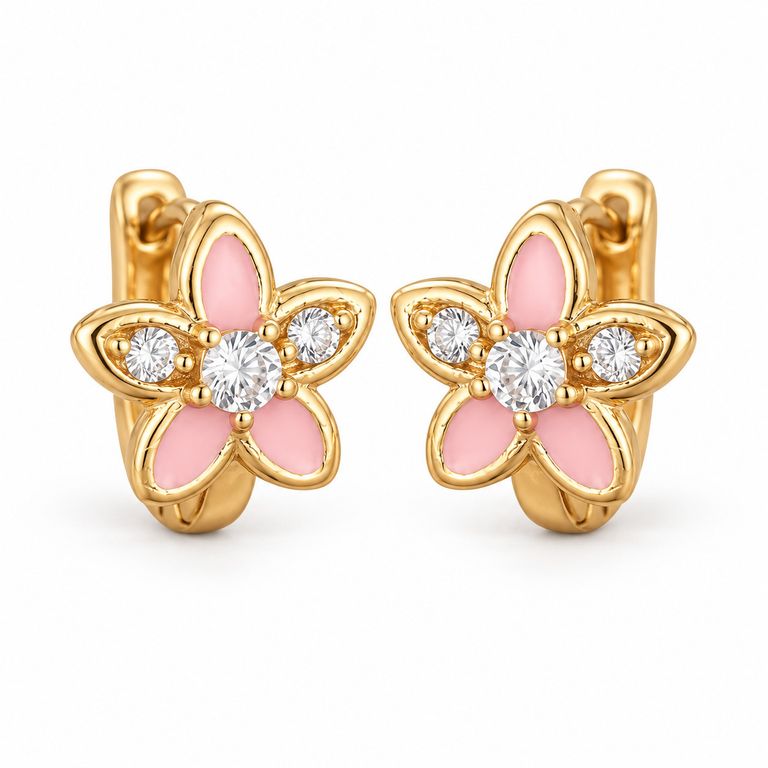 Aretes Flor Rosa Mujer Dorados con Brillos Elegantes Regalo