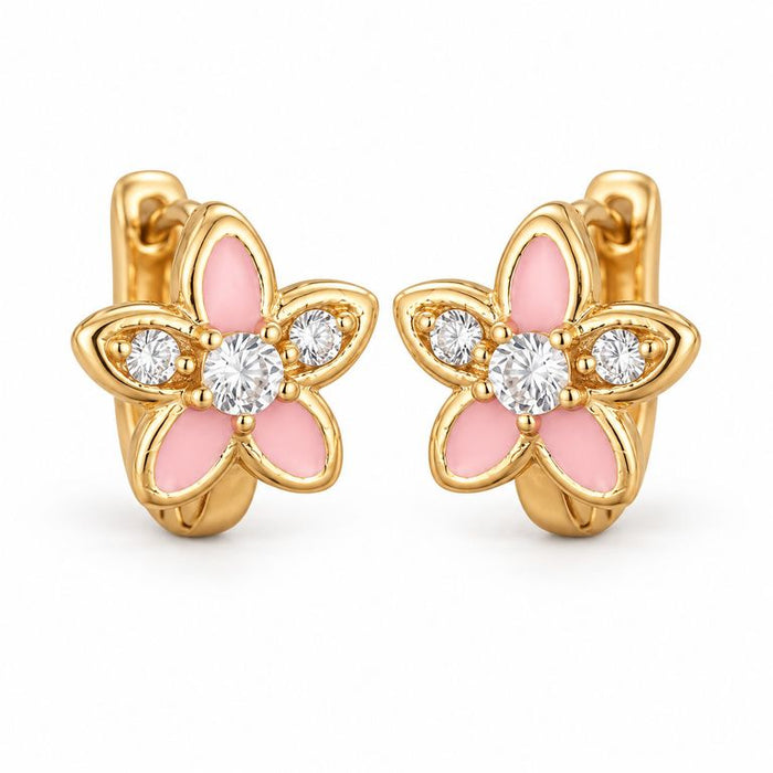 Aretes Flor Rosa Mujer Dorados con Brillos Elegantes Regalo