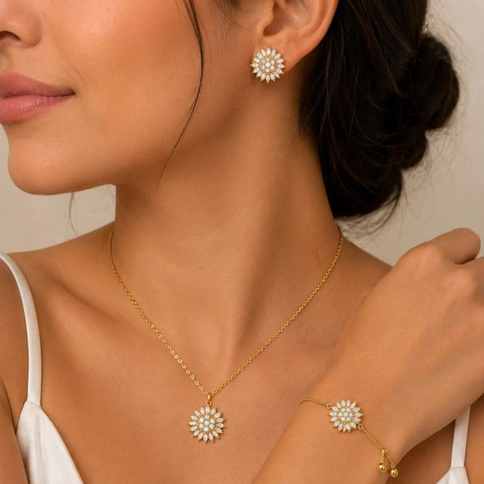 Set Collar Aretes y Pulsera Girasol Dorado Mujer Elegante Regalo