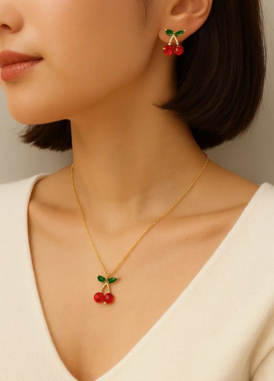 Set Collar y Aretes Mujer Cereza Oro Rosa Regalo Elegante