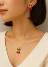 Set Collar y Aretes Mujer Cereza Oro Rosa Regalo Elegante