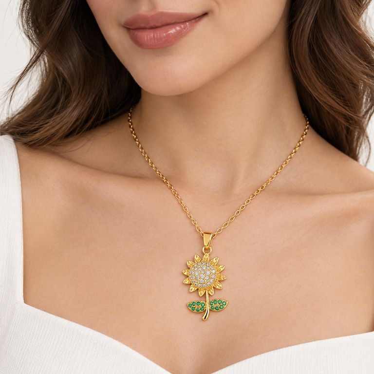 Collar Girasol Mujer Dorado con Brillos y Hojas Verdes Elegante Regalo