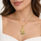 Collar Girasol Mujer Dorado con Brillos y Hojas Verdes Elegante Regalo