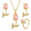 Set Tulipán Rosado Mujer Collar Aretes y Anillo Joyería Elegante Regalo
