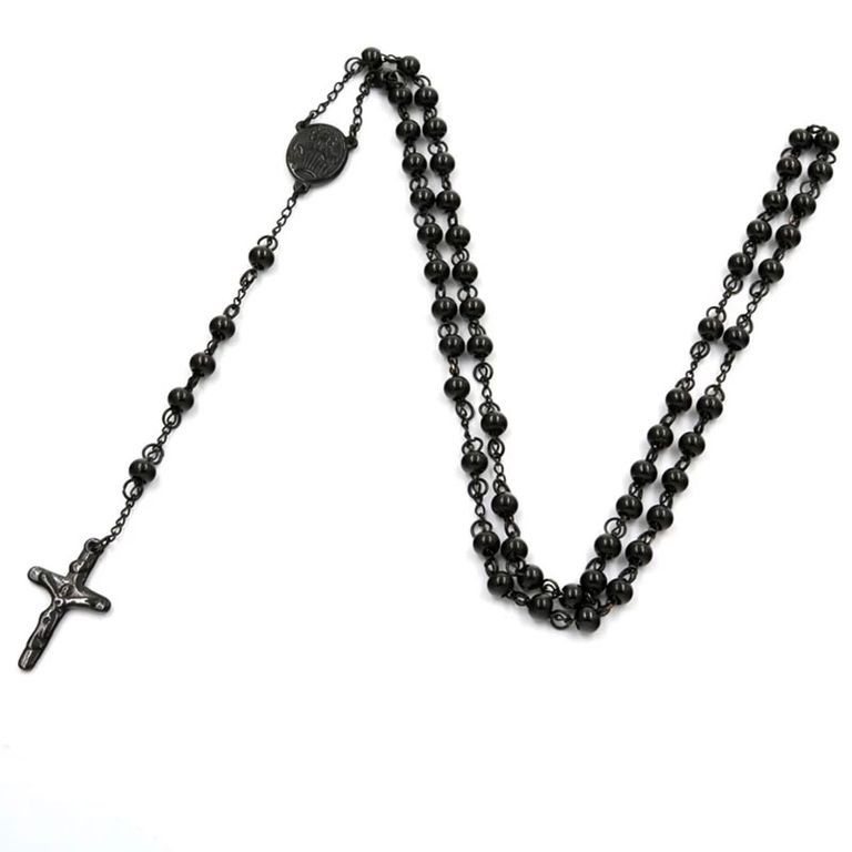 Collar Rosario Negro Cruz Hombre Acero Inoxidable Estilo Urbano Masculino