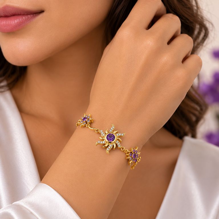 Pulsera Sol y Flores Mujer Dorada con Cristales Morados Elegante Ajustable Regalo
