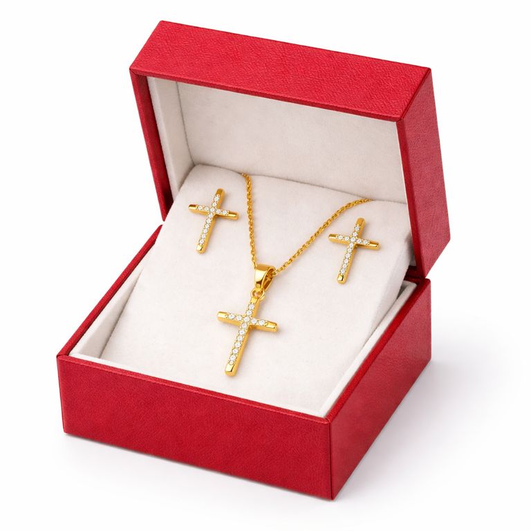 Set Collar y Aretes Cruz Dorada con Cristales para Mujer