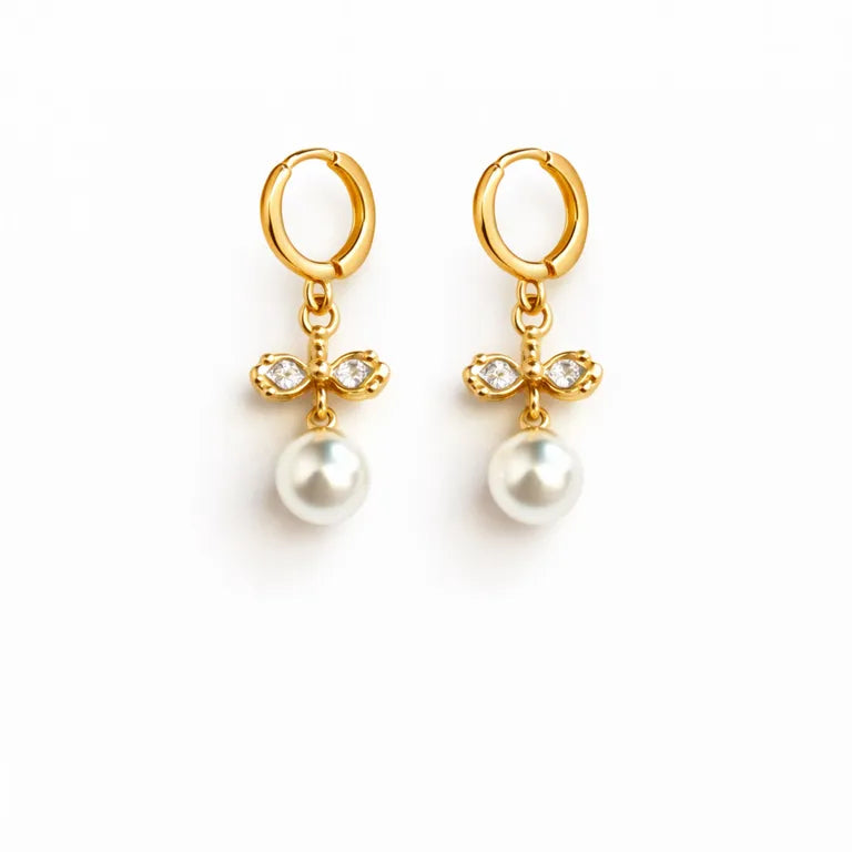 Aretes argolla dorados con perla colgante para mujer