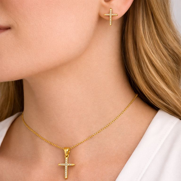 Set Collar y Aretes Cruz Dorada con Cristales para Mujer