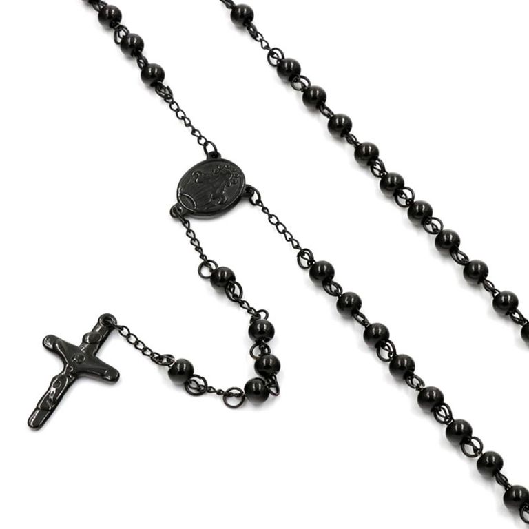 Collar Rosario Negro Cruz Hombre Acero Inoxidable Estilo Urbano Masculino