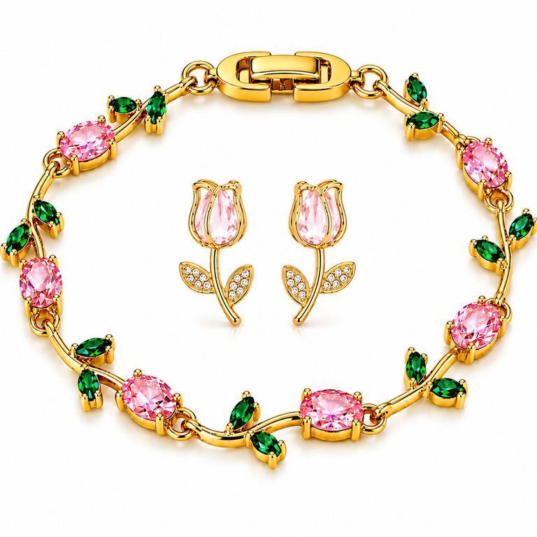 Set Aretes y Pulsera Tulipán Mujer Dorado con Piedras Rosadas y Verdes Regalo