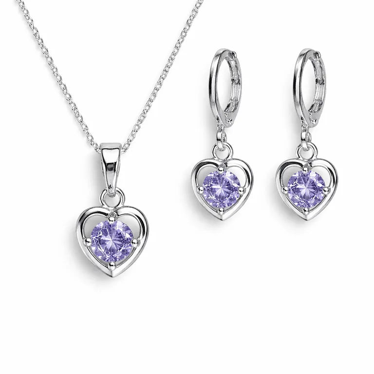 Set De Collar Y Aretes Mujer Corazón Con Piedra Rosa O Lavanda