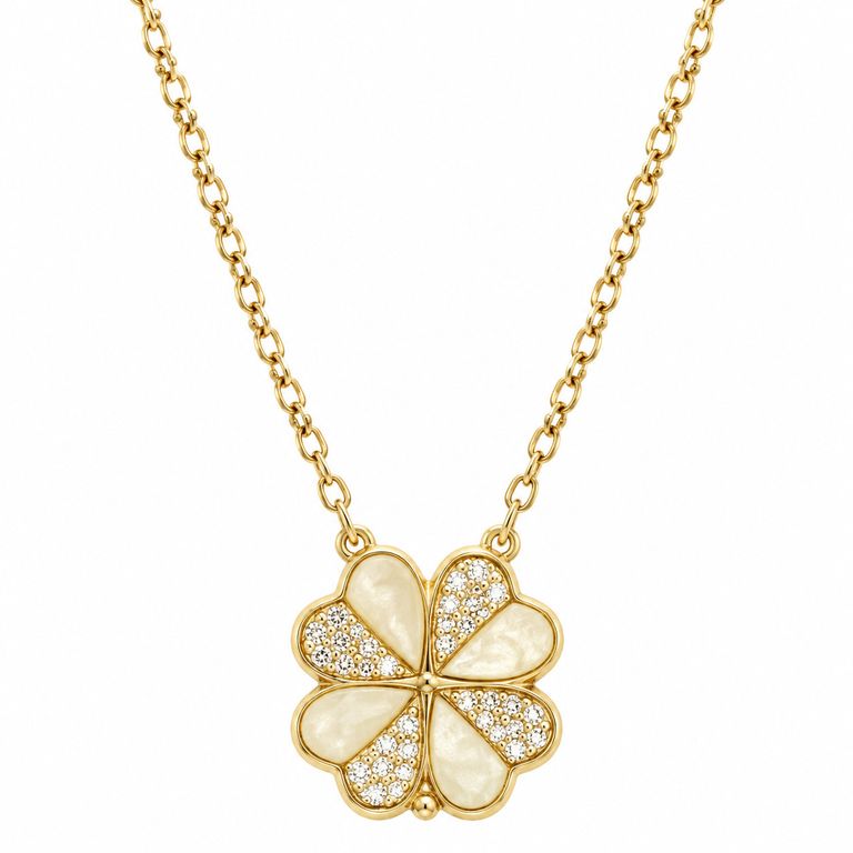 Collar Flor Mujer Dorado con Detalles Blancos y Brillantes Elegante Regalo