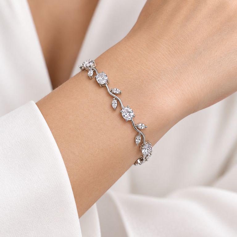 Pulsera Mujer Plateada con Cristales y Hojas Elegante Regalo
