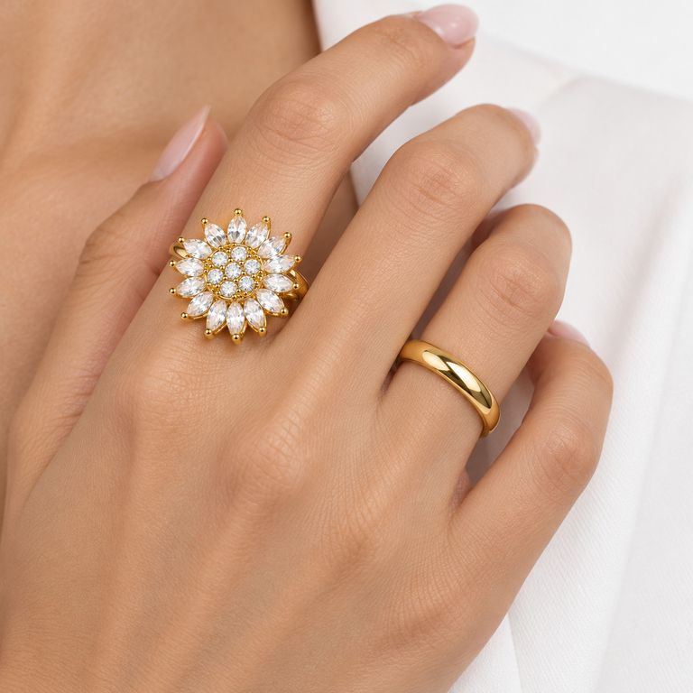Anillo Girasol Mujer Dorado con Brillos Elegante Regalo