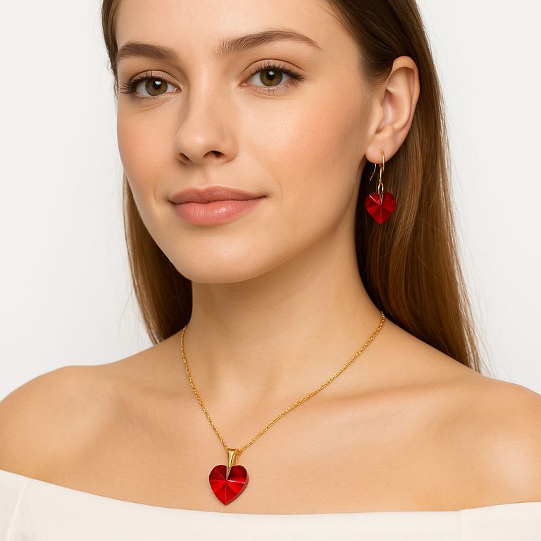 Set Juego Collar y  Aretes Corazón rojo Cristal
