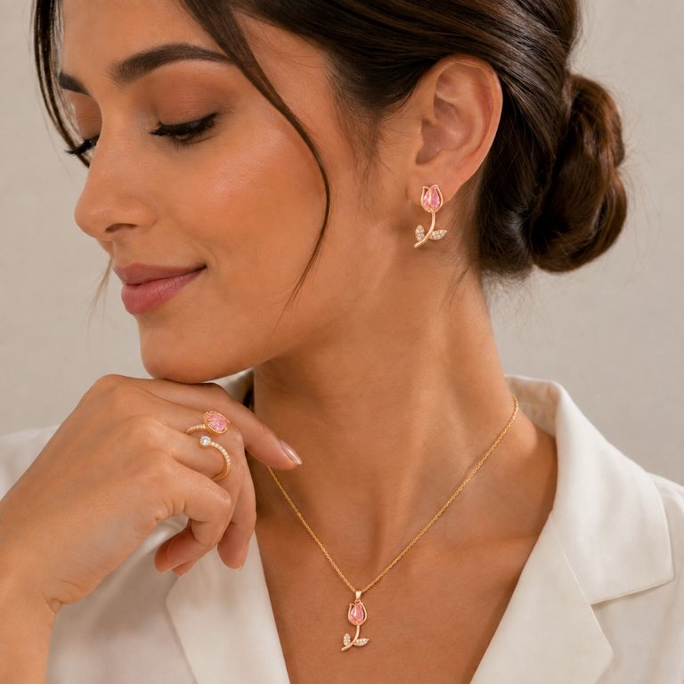 Set Tulipán Rosado Mujer Collar Aretes y Anillo Joyería Elegante Regalo