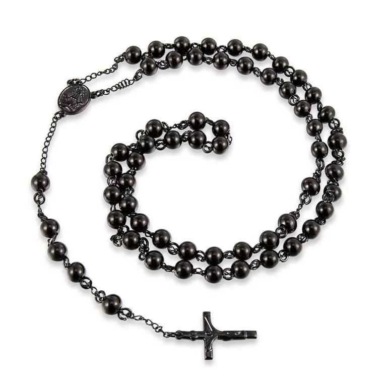 Collar Rosario Negro Cruz Hombre Acero Inoxidable Estilo Urbano Masculino