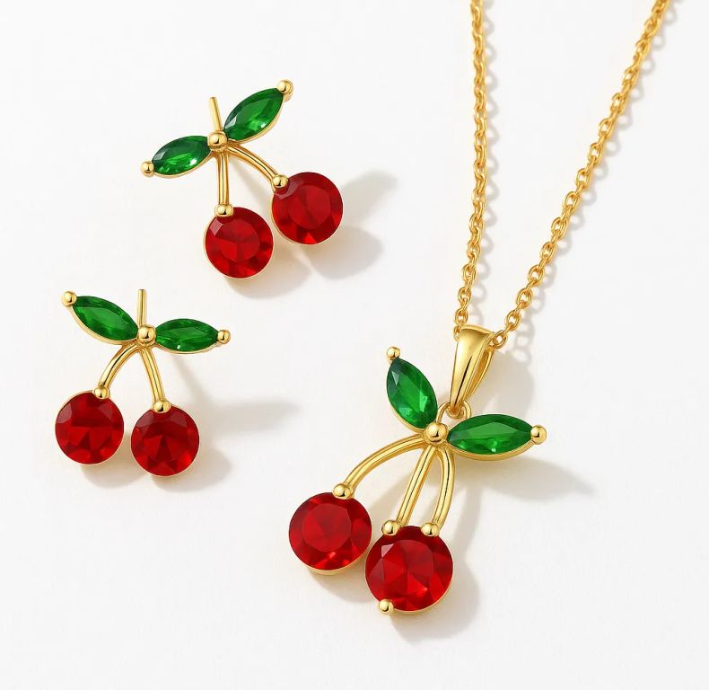 Set Collar y Aretes Mujer Cereza Oro Rosa Regalo Elegante