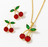 Set Collar y Aretes Mujer Cereza Oro Rosa Regalo Elegante