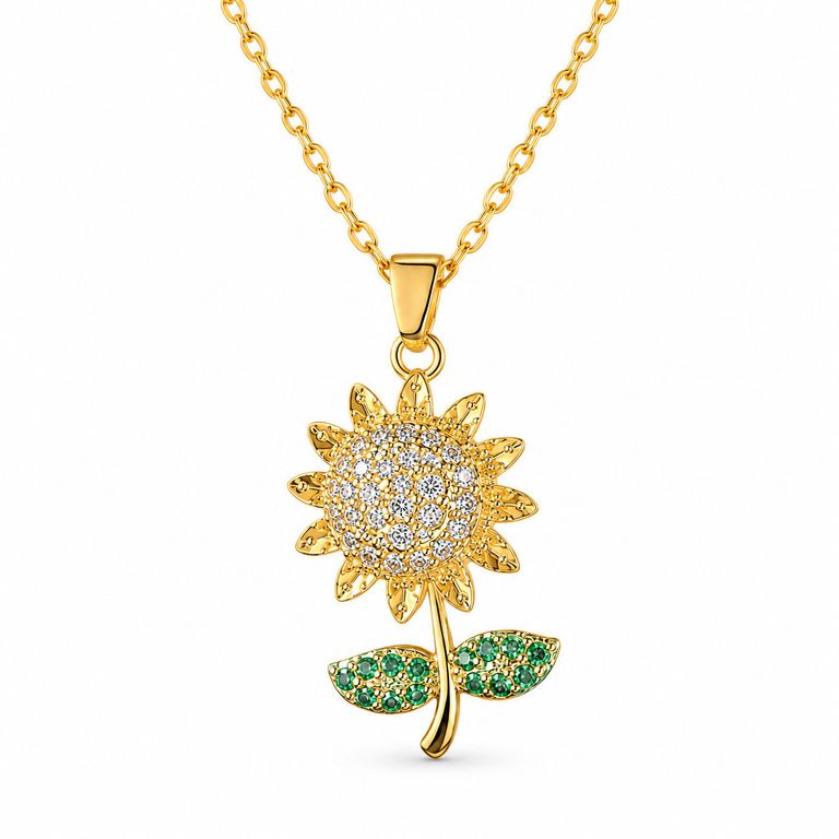 Collar Girasol Mujer Dorado con Brillos y Hojas Verdes Elegante Regalo