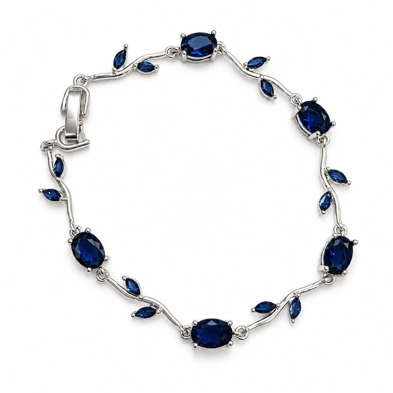 Pulsera Mujer Plateada con Piedras Azules y Hojas Elegante Regalo