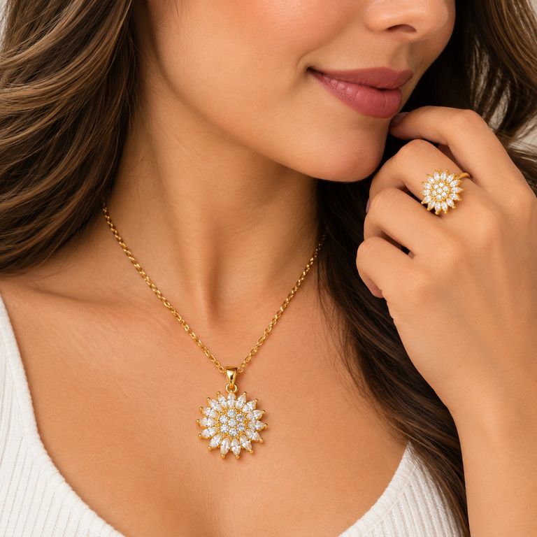 Set Collar y Anillo Girasol Mujer Dorado con Brillos Elegante Regalo