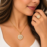 Set Collar y Anillo Girasol Mujer Dorado con Brillos Elegante Regalo