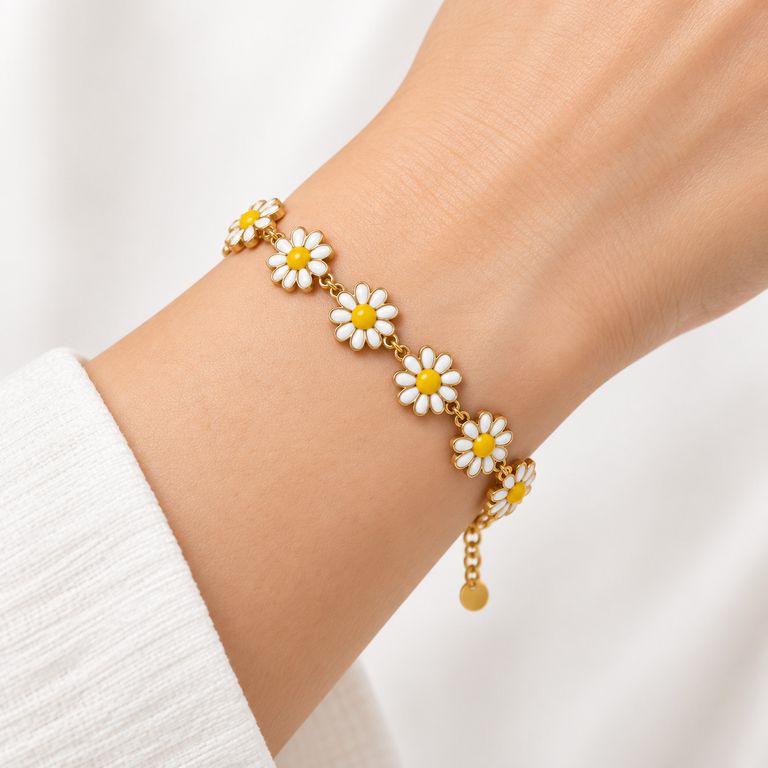 Pulsera Ajustable de Margaritas Flores Amarillas Mujer Acero Inoxidable