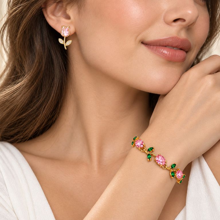 Set Aretes y Pulsera Tulipán Mujer Dorado con Piedras Rosadas y Verdes Regalo