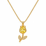 Collar Tulipán Mujer Dorado con Piedra Amarilla y Brillos Elegante Regalo
